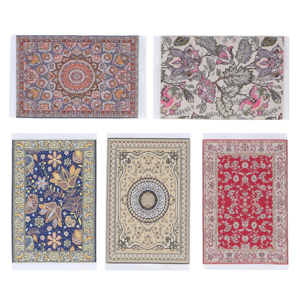 5PCS Dollhouse Rug, 1/12 Floral Print Exquisite Easy to Clean Soft Miniature Floor Blanket Miniature Carpet for Doll House Accessory Dollhouse Rug