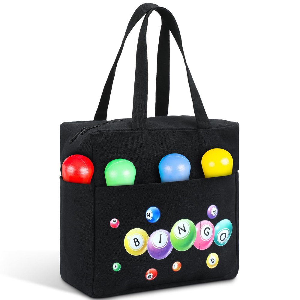 Windyun Bingo Bags Large with 10 Pockets for Daubers Dabbers Dobbers Dotters Zipper Tote Bag Bingo Game Stuff Accessories Supplies Gift for Women Adults Seniors Christmas 9.8x9.8x6.3 Inches(Black)