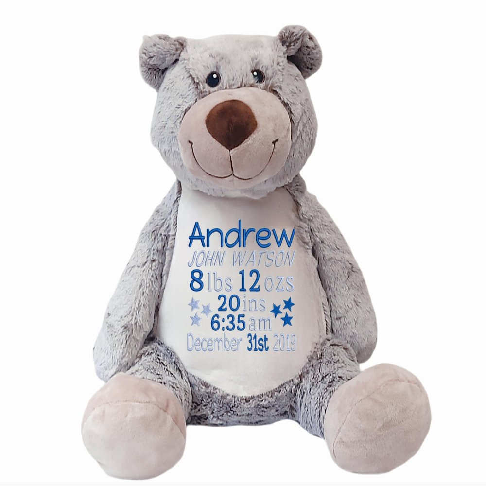 Personalized Birth Stats Plush Bear with Name & Date | Custom Nursery Keepsake | Newborn Shower Present for Boys or Girls