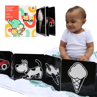 Happy Start Award-Winning High Contrast Board Book - Newborn Black & White Baby Cards, Easy to Clean, Hospital Approved, Stands on Its Own, Tummy Time Toy, Ages 0+ (Spanish)