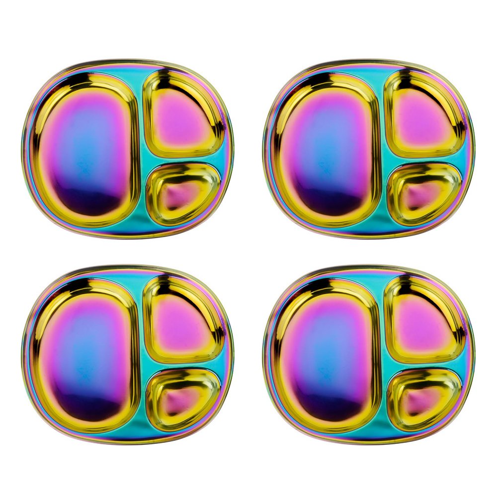 Ahimsa Stainless Steel Plates For Kids, Pediatrician Designed Colorful Divided Plates for Toddlers & Baby, Non Toxic, Unbreakable & Dishwasher Safe, Rainbow Set of 4