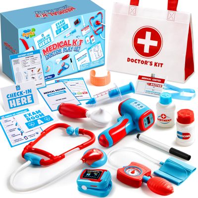 Play-Act Kids Doctor Kit, 16-Piece Medical Kit with Bag, Doctor Role Play Set with Realistic Toy Stethoscope, Reusable Record Cards, Dress Up Playset Easter Birthday Gift for Toddlers Ages 3+