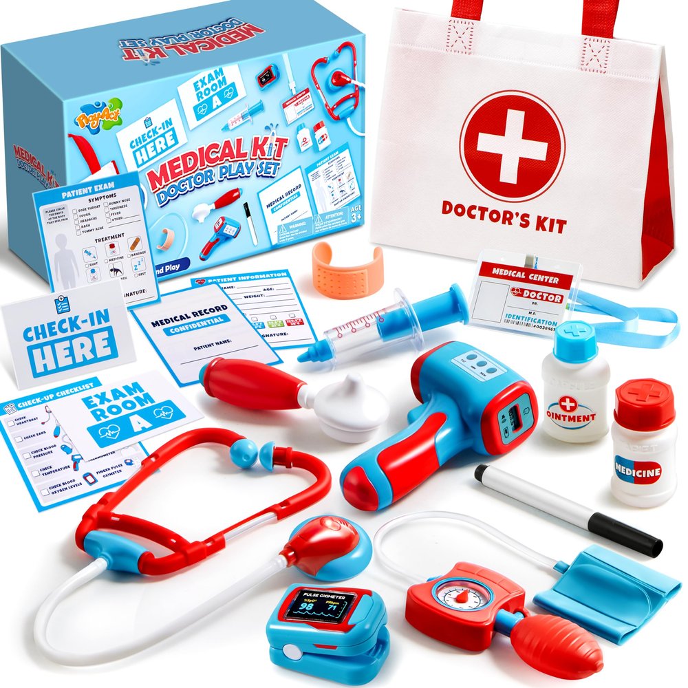 Play-Act Kids Doctor Kit, 16-Piece Medical Kit with Bag, Doctor Role Play Set with Realistic Toy Stethoscope, Reusable Record Cards, Dress Up Playset Easter Birthday Gift for Toddlers Ages 3+