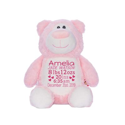 Personalized Pink Bear Plush, Embroidered Stuffed Animal, Custom Girl Keepsake, Newborn Gift, Baby Shower Present, Christmas Baby Gift, Personalized Birth Stats Bear, 14 inch Plush