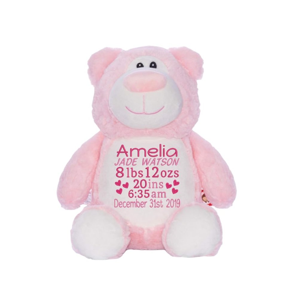 Personalized Pink Bear Plush, Embroidered Stuffed Animal, Custom Girl Keepsake, Newborn Gift, Baby Shower Present, Christmas Baby Gift, Personalized Birth Stats Bear, 14 inch Plush