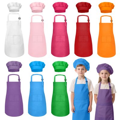 IAGBIBUI Kids Apron and Chef Hat Set, 16 Pieces Boys Girls Kids Apron with 2 Pockets Adjustable for Cooking Classroom Baking Painting, 6-13 Years, Multicolor