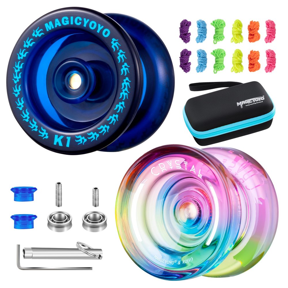 MAGICYOYO Responsive Yoyos for Beginner, Plastic Dual Purpose Pro Yo yo 2 Pack Gradient Yo-Yo K2 + Kids Yoyo K1 with 12 Yo-yo Strings, Yoyo Case + Accessories Kit (K2 Gradient + K1 Dark Blue)