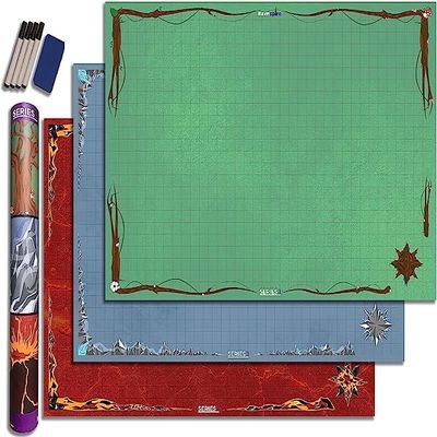 Ravnspire DND Battle Mat Ultimate 3 Pack Starter Set Accessory for RPG Role Playing Games 24" X 36" Ultradurable Non-Staining Dry/Wet Erase Premium Vinyl Battle Grid Series 1