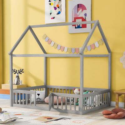 RUNNA Full Size Wood House Bed with Fence and Door, Gray Wash for Girls Boys Childrensuitable or Different People to Exploring Their Imagination (Gray-Fence Bed)