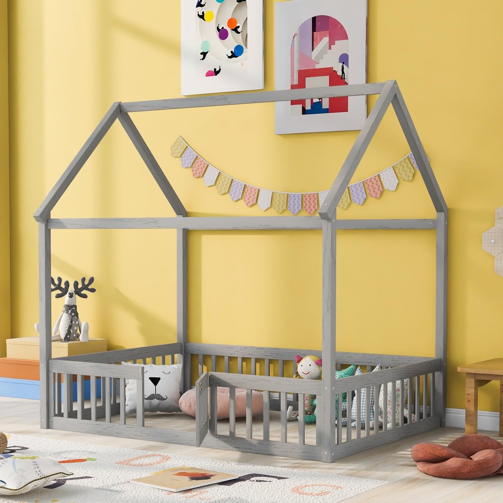 RUNNA Full Size Wood House Bed with Fence and Door, Gray Wash for Girls Boys Childrensuitable or Different People to Exploring Their Imagination (Gray-Fence Bed)