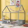 RUNNA Full Size Wood House Bed with Fence and Door, Gray Wash for Girls Boys Childrensuitable or Different People to Exploring Their Imagination (Gray-Fence Bed) view 1
