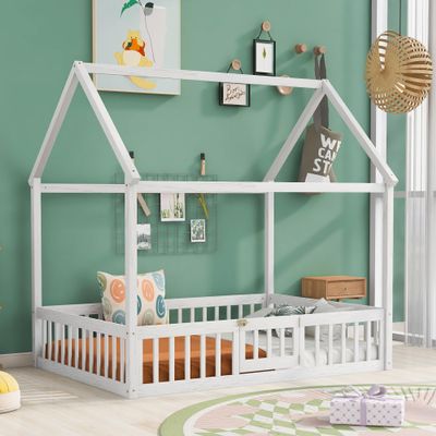 RUNNA Full Size Wood House Bed with Fence and Door, Gray Wash for Girls Boys Childrensuitable or Different People to Exploring Their Imagination (White-Fence Bed)