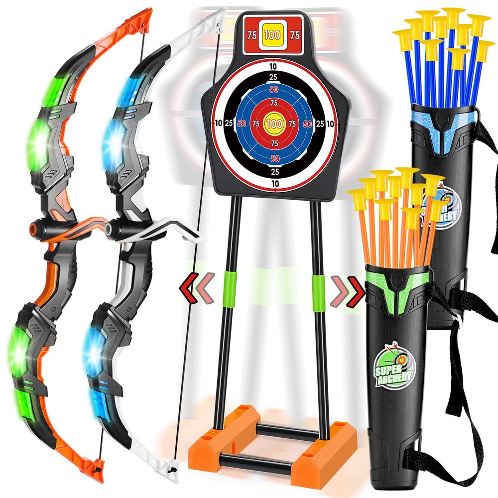 2 Pack Bow and Arrow Set with Moving Standing Target& 2 Colors 20 Suction Cup Arrows, Light Up Archery Toys for Kids age 4-12 Years Old Boys Girls Indoor and Outdoor, Birthday Gifts Christmas ideas