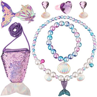 7pcs Halloween Mermaid Jewelry, Mermaid Jewelry Supplies Mermaid Outfit Costume with Handbags Earrings Rings Necklaces Bracelets Hair Clips Dress Up for Halloween Birthday