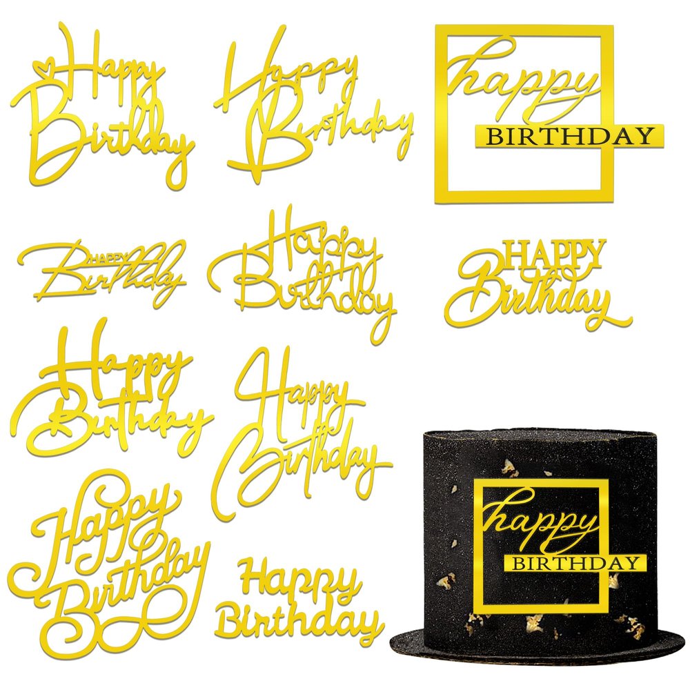 10 PCS Gold Happy Birthday Acrylic Cake Toppers Mirrored Side Cake Decorations Inserts 10 Styles