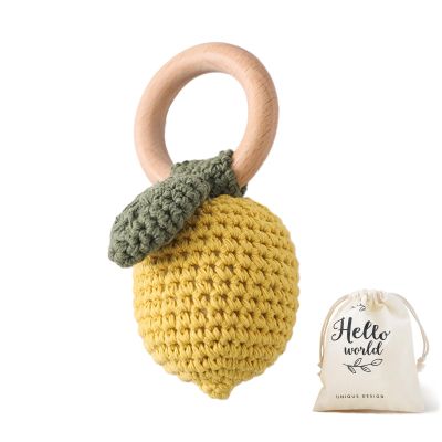 WOODEN TEETHER Crochet Baby Rattle, Crochet Baby Toys, Organic Wooden Newborn Toys, Newborn Animal Rattle ToysKnitted Stuffed Animals Gifts for Baby, Lemon