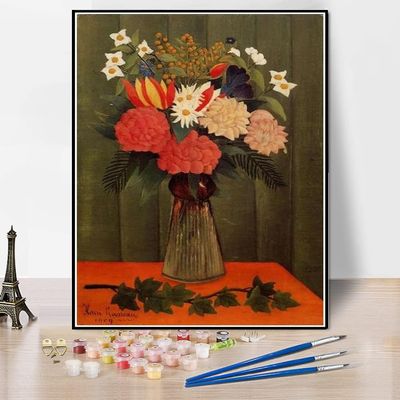 DIY Oil Painting Kit,Bouquet of Flowers with an Ivy Branch Painting by Henri Rousseau Paint by Numbers Kit for Kids and Adults