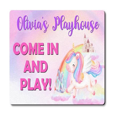VOTANTA Personalized Playhouse Doormat Come in and Play Colorful Unicorn Castle Mat for Kids Girls Custom Name Playhouse Sign Treehouse Yard Clubhouse Decor Playground Welcome Mat Rug 24"x16"