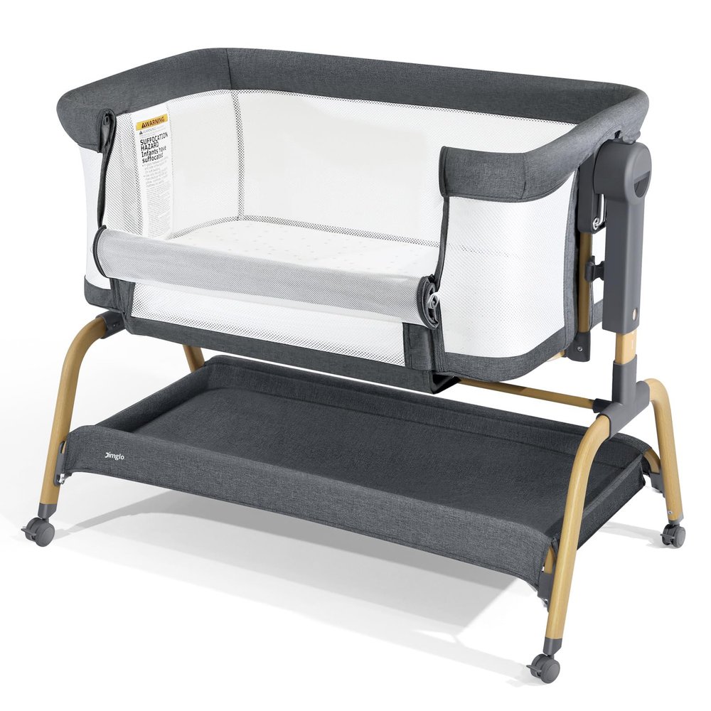 Jimglo 3 in 1 Baby Bassinet, Bedside Bassinet for Baby, Rocking Bassinet with Comfy Mattress and Wheels, 6 Height Adjustable Easy Folding Portable Bedside Crib for Newborn