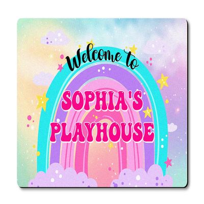 VOTANTA Personalized Playhouse Doormat Cute Rainbow for Kids Girls Custom Name Playhouse Sign Treehouse Outdoor Yard Clubhouse Decor Kids Playground Welcome Door Mat Rug Indoor Outdoor 24"x16"