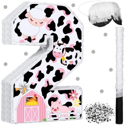 Jexine Cow Number 2 Piata 16 Inch Pink Cow Farm 2nd Piata Fiesta Birthday Party Supplies with Stick Blindfold and Confetti for Baby Shower Birthday Decoration