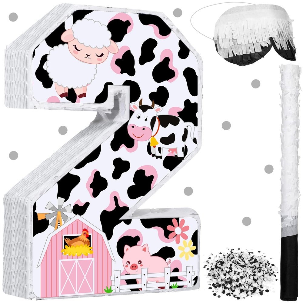 Jexine Cow Number 2 Piata 16 Inch Pink Cow Farm 2nd Piata Fiesta Birthday Party Supplies with Stick Blindfold and Confetti for Baby Shower Birthday Decoration