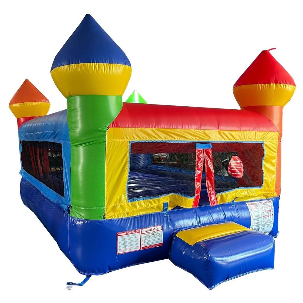 Crossover Junior Rainbow Inflatable Bounce House Castle for Toddlers and Kids, Indoor/Outdoor PVC Vinyl Bouncy Jumper with Blower Stakes and Storage Bag 13.5 x 8 x 7 Feet Bouncer