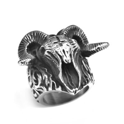 YIORYO Punk Style Men's Titanium Steel Animal Sheep Head Ring Trend Personality Men's Animal Skull Ring (Size : 12)