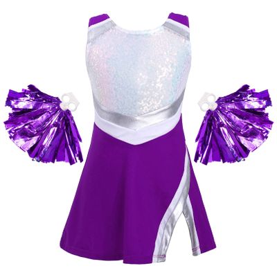 TiaoBug Kids Girls Cheer Leader Uniform Outfits Halloween Cosplay Party Costume Shiny Performance Dance Dress with Pom Poms Purple 4 Years