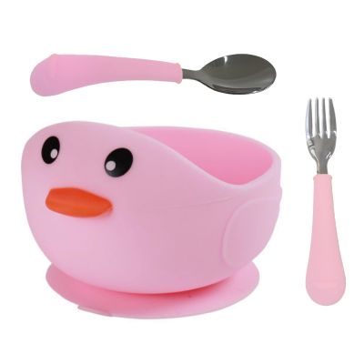 Oligey Silicone Toddler Bowl with Suction Plus Baby Spoon and Fork Gift in Carton Duck Style as Child Snack Eating Utensils for Your Infant Solid Food Self Feed Learning During Kid Led Weaning(pink)