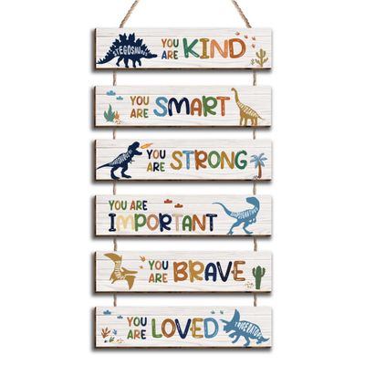 6 Pcs Dinosaur Decor Girls Room Decor Plaque Sign, Inspirational Watercolor Dinosaur Positive Quotes Wall Art Decor for Teens Bedroom Princess Toddler Room, Works of Art Made of Wood, Placards of Wood