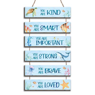 6 Pieces Ocean Decor Kids Room Decor, Inspirational Watercolor Ocean Positive Quotes Wall Art Decor for Teens Children Bedroom, Works of Art Made of Wood, Works of Art of Wood, Placards of Woods