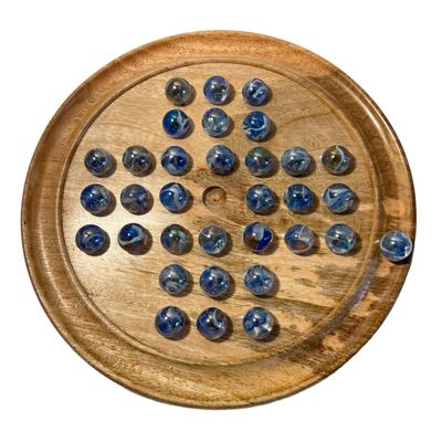 30cm Diameter WOODEN SOLITAIRE BOARD GAME with VAPOUR GLASS MARBLES | classic wooden solitaire game | strategy board game | family board game | games for one | board games
