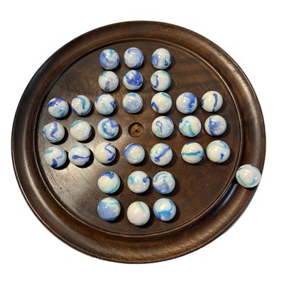30cm Diameter WOODEN SOLITAIRE BOARD GAME with JELLYFISH GLASS MARBLES | classic wooden solitaire game | strategy board game | family board game | games for one | board games