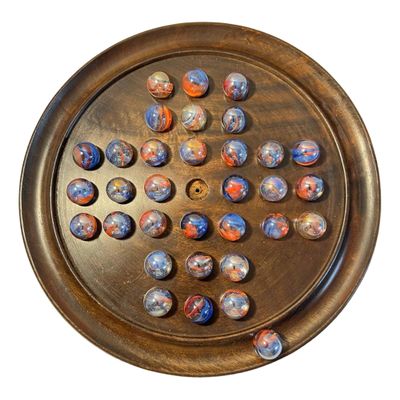 30cm Diameter WOODEN SOLITAIRE BOARD GAME with FUNFAIR GLASS MARBLES | classic wooden solitaire game | strategy board game | family board game | games for one | board games