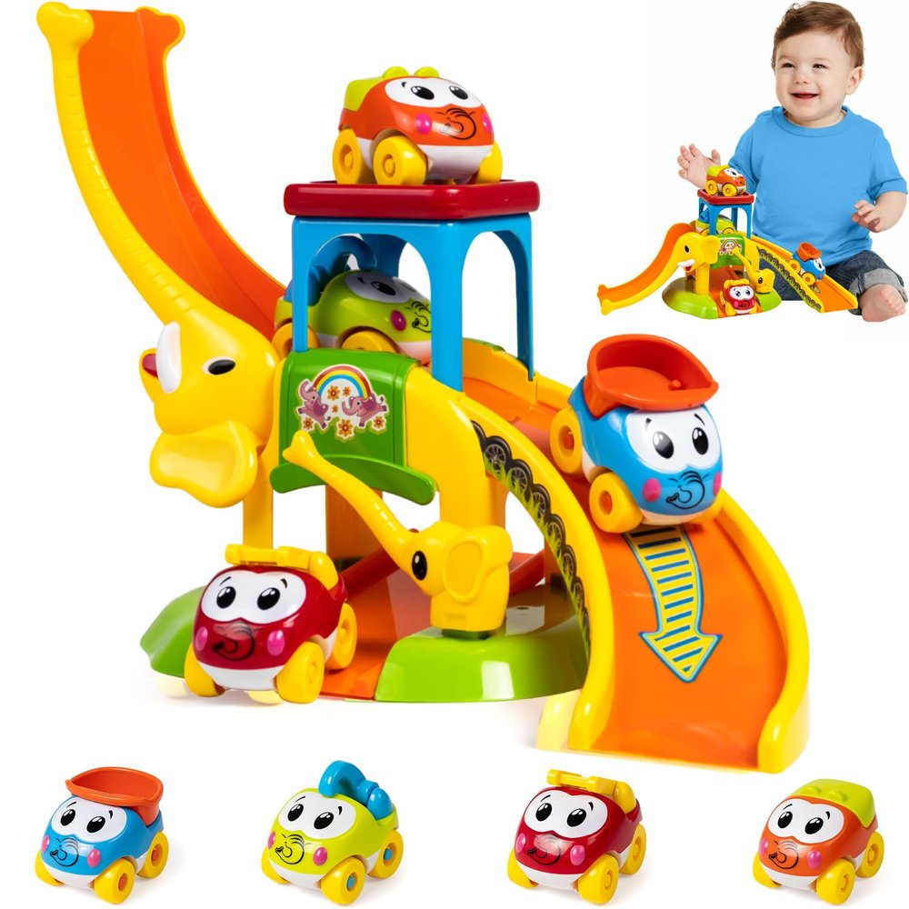 Marstone Toddler Toys for 1 2 Year Old Boys and Girls Gifts: Educational Elephant Slide with 4 Animal Car Toys for Baby 12-18 Months, First Birthday Gifts for Kids, Learning Push Truck Tracks Age 1-2