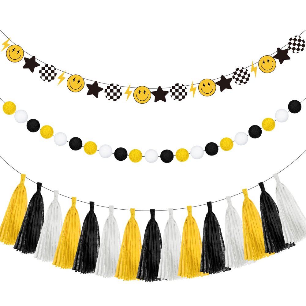 Qeeenar 53 Pcs One Happy Dude Birthday Decorations 1st Birthday Paper Tassel Banners Lightning Smile Face Garland Decoration Two Cool High Chair Banner for One Happy Dude Party Favors Supplies