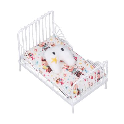 1:12 Scale Dollhouse, Furniture Mini Bed Set Decorative Pillow Metal Frame Lifelike Miniature Bed White Furniture Dollhouse Accessories (Bunny Pattern)