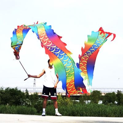 Square Exercise Dance Dragon Ribbon Streamer Printed with Dragon Tattoo, Comes with 3D Real-Like Dragon Head and Swing Rope Outdoor Dragon Poi Set (Rainbow Dragon, 19.6 FT (6 Meters))