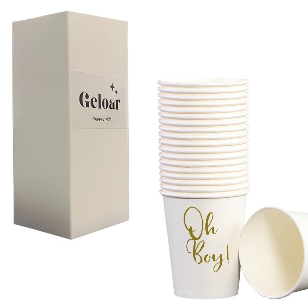 Geloar Oh Boy Party Cups for Baby Shower, 20 Pack 9oz Gold Oh Boy Disposable Paper Party Cups for Baby Shower Baby Welcome Party (Oh Boy Cups)