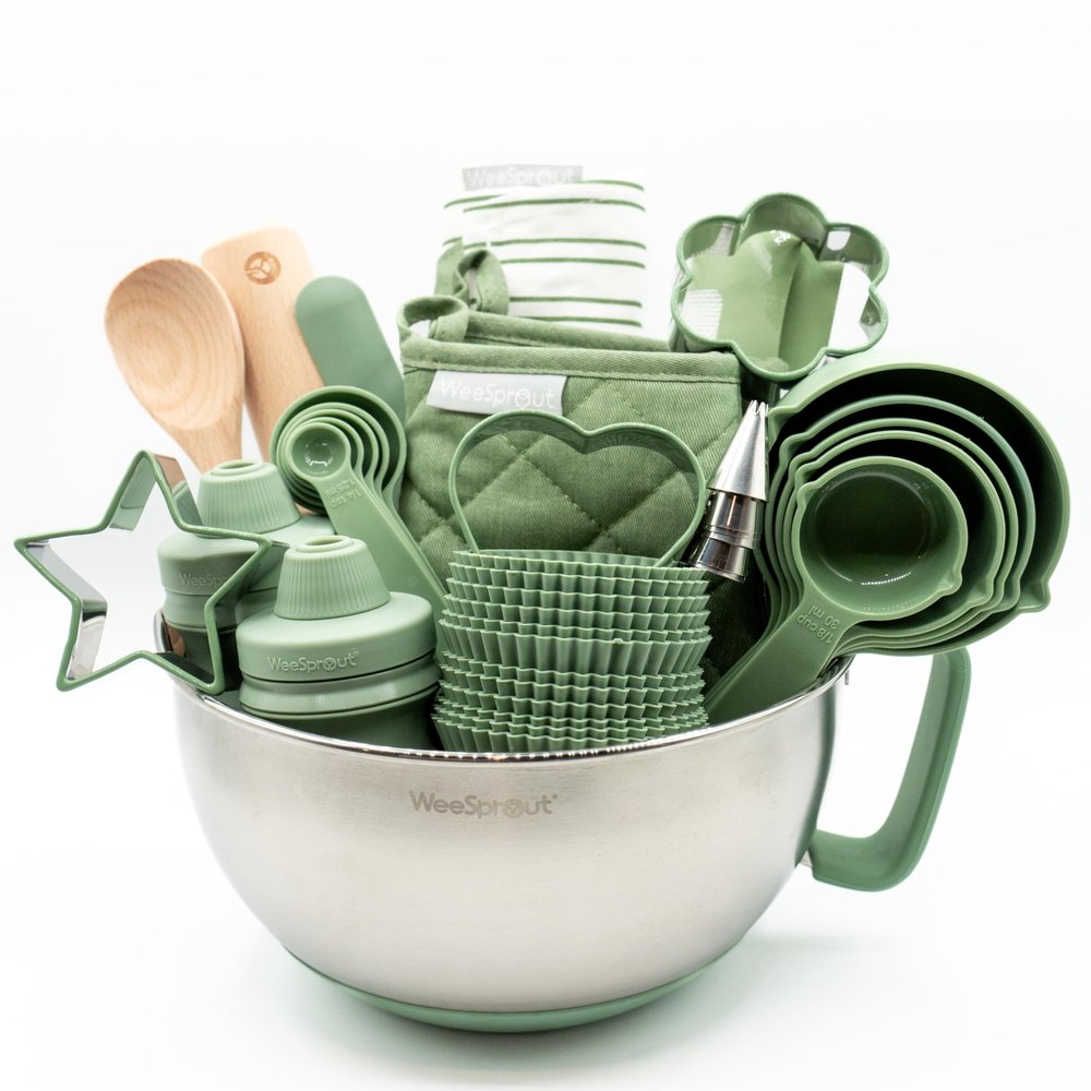 Ultimate Baking Kit for Kids - Kids Baking Set with Child Sized Utensils - Includes Apron, Oven Mitts, Silicone Mats & Liners - Perfect Cooking Set for Ages 6-12 - Gift for Children Green