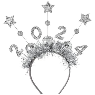 2024 Disco Ball Tinsel Headband - 9" | Silver | Pack of 1
