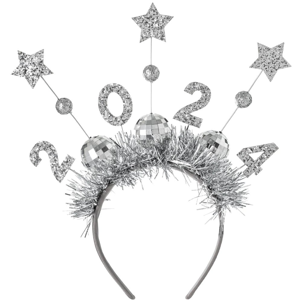 2024 Disco Ball Tinsel Headband - 9" | Silver | Pack of 1