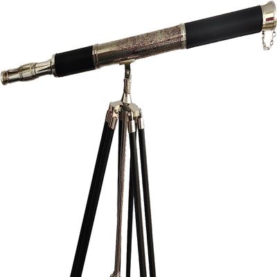Antique Vintage Solid Brass Telescope Marine Navy Single Barrel & Black Floor Standing Tripod Stand Royal Home Decor