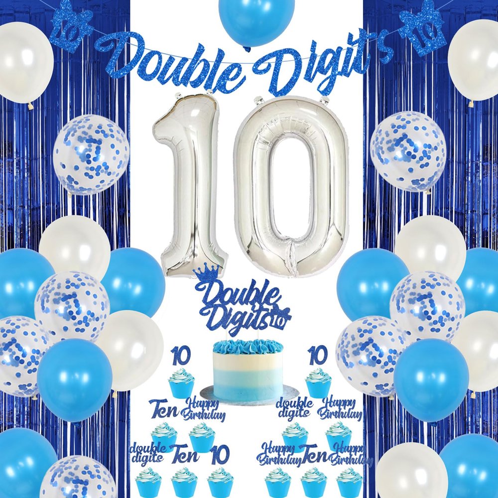 10th Birthday Decorations for Boys Blue Double Digits Tenth Birthday Party Supplies Bday Celebration Decors for 10 Year Old Boy, Balloons Fringe Curtain Cake Topper Banner