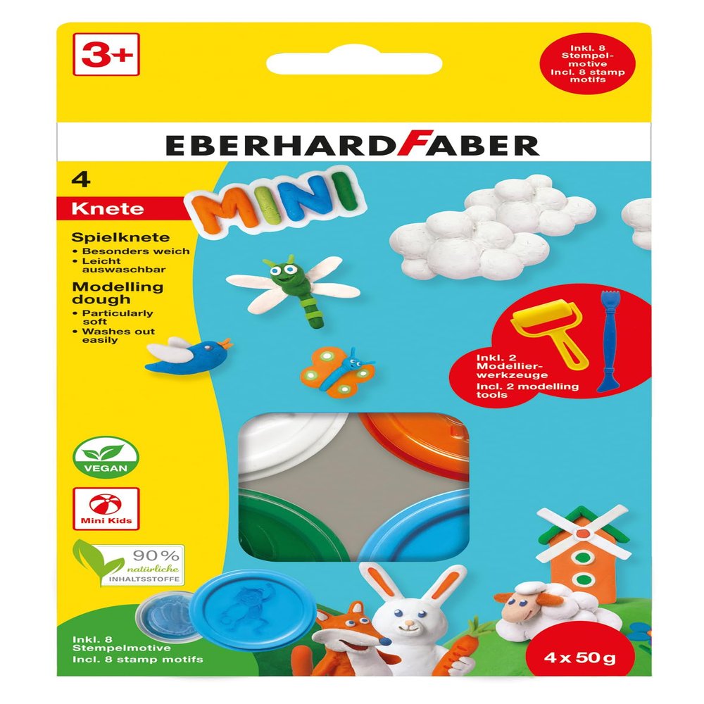 Eberhard Faber 572516 - Playful modelling clay set, 4 boxes of 50 g and 2 modelling tools, modelling clay from 3 years