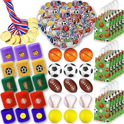 210 Pcs Sports Party Favors for Kids, with Golden Winner Awards Medals Wristbands Mini Foam Balls Treat Bags Waterproof Stickers for Basketball Football Baseball Soccer Tennis for Classroom Prizes