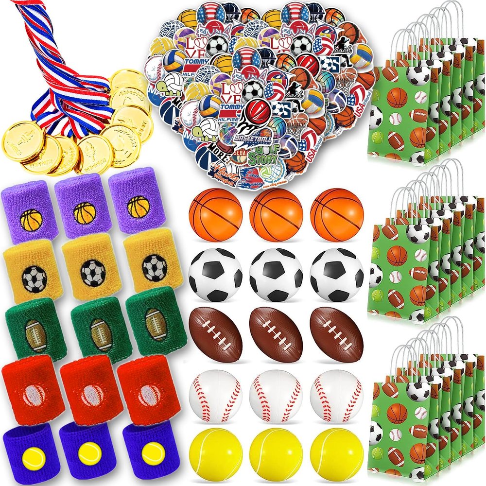 210 Pcs Sports Party Favors for Kids, with Golden Winner Awards Medals Wristbands Mini Foam Balls Treat Bags Waterproof Stickers for Basketball Football Baseball Soccer Tennis for Classroom Prizes