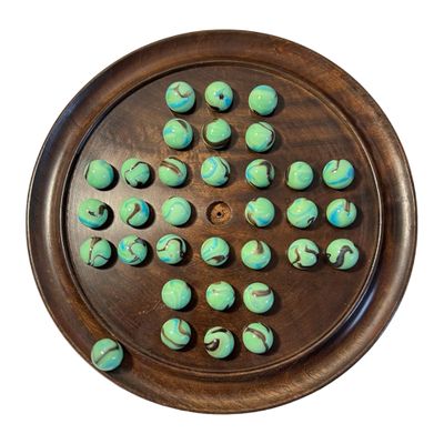 30cm Diameter WOODEN SOLITAIRE BOARD GAME with FUNFAIR GLASS MARBLES | classic wooden solitaire game | strategy board game | family board game | games for one | board games