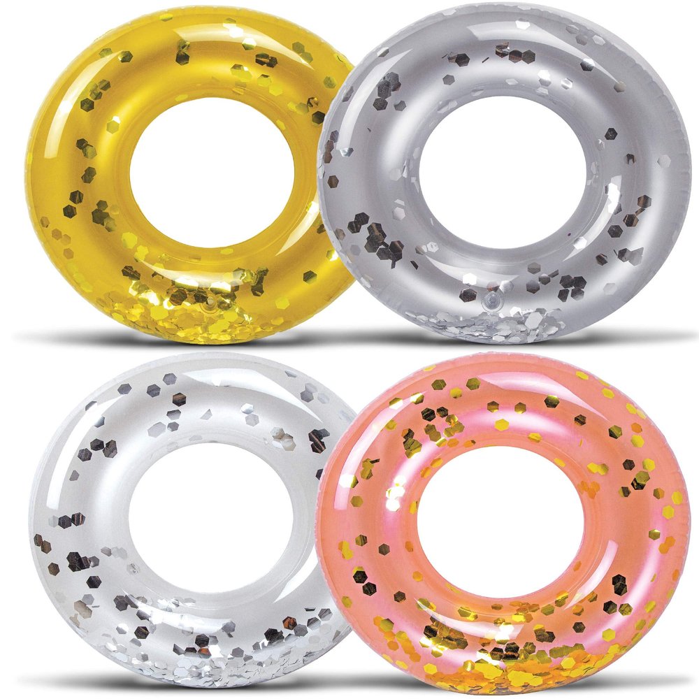 4-Pack Kids Inflatable Pool Floats - Sparkly Confetti-Filled Glitter Pool Float Rings, Cute Pool Floats in Pearl, Silver, Rose Gold, and Gold; Floating Tube Swim Rings for Pool, Beach, Lake - 23 Inch
